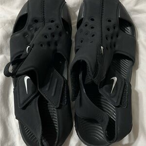 Kids Nike Black Sport Slide Sandals with White Swoosh